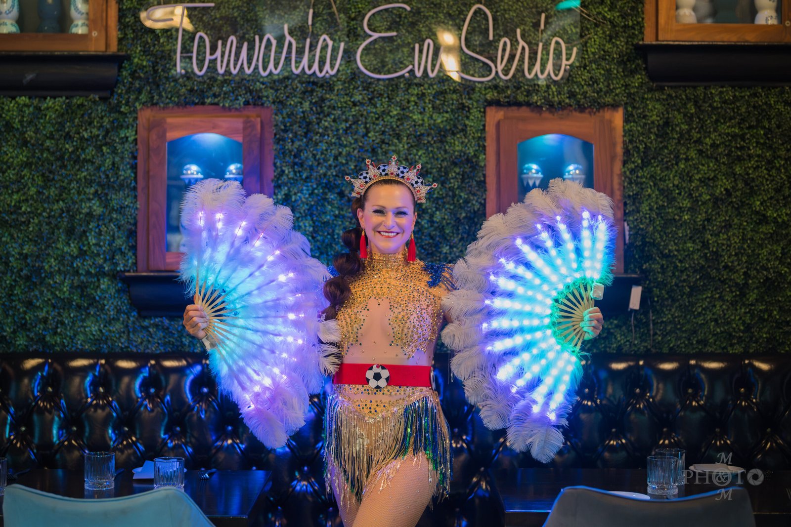 LED wing performer providing specialty entertainment during a 2026 World Cup VIP event
